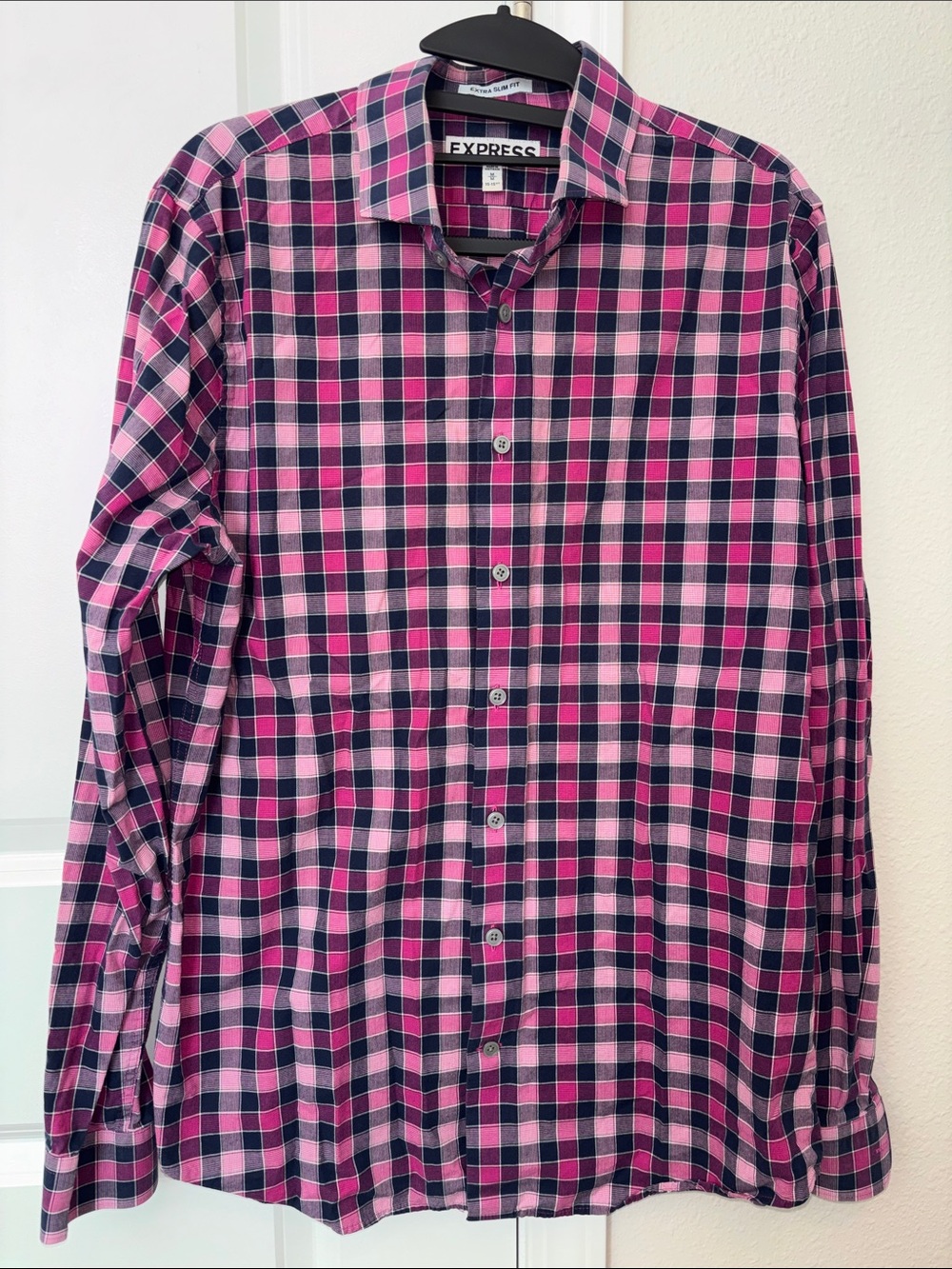 Express Men's Pink & Navy Check Button-Down Shirt Extra Slim Fit Medium